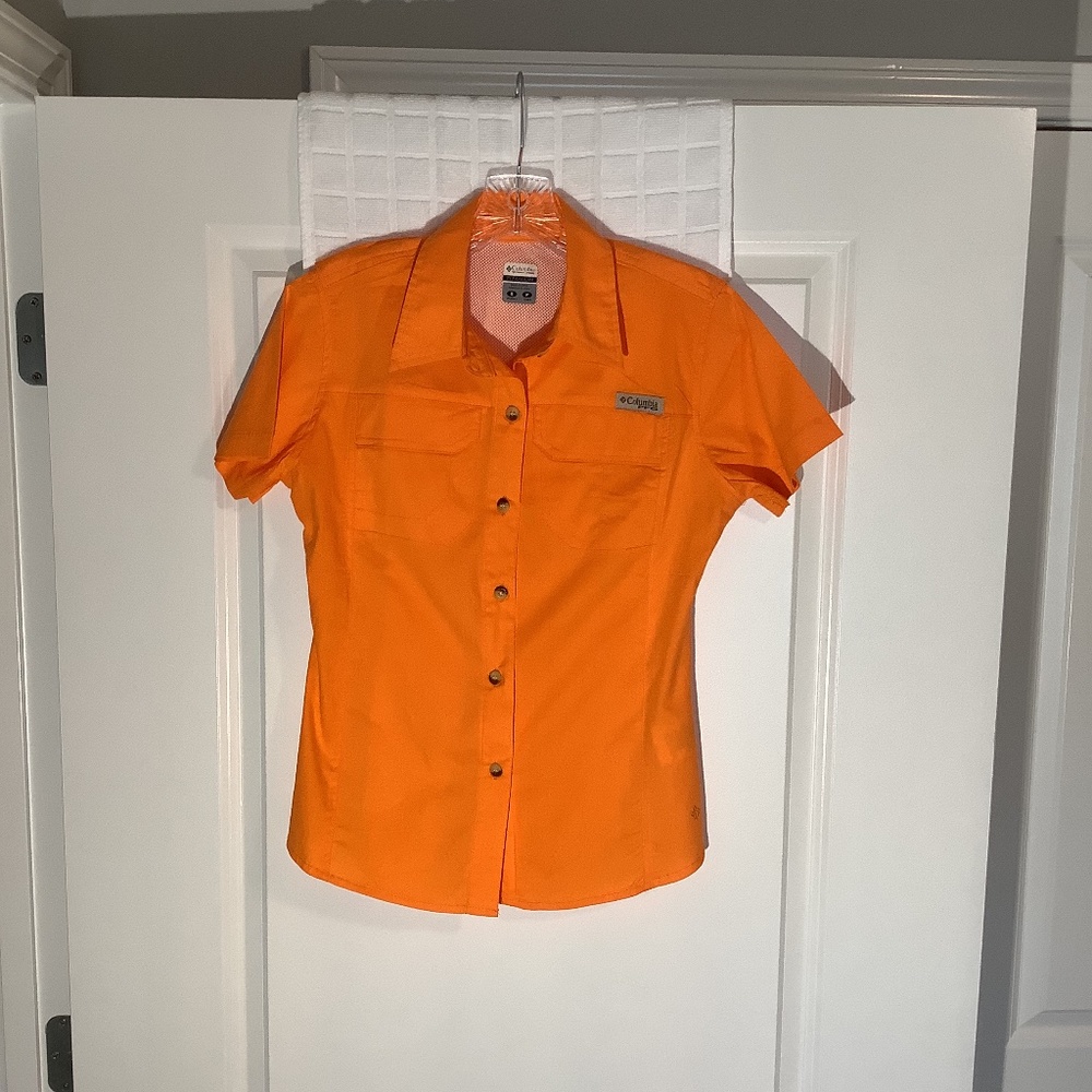 Columbia Titanium PFG Button Down Short Sleeve Shirt Neon Orange Size S